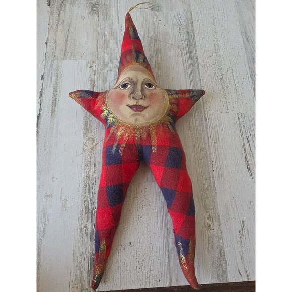 Plush anthromorphic star Sun vintage Xmas decor hanging plaid red blue gold glit - Picture 1 of 8